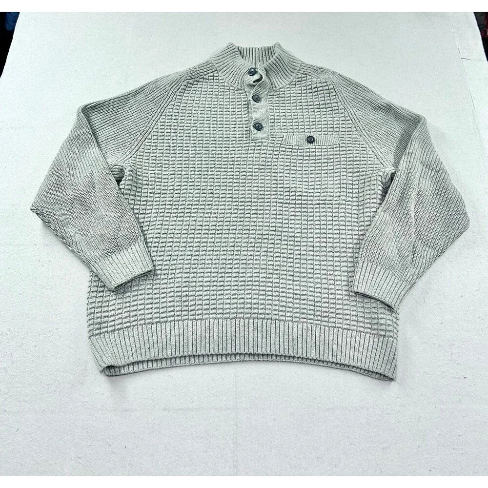 Duluth Burly Retirement Button Mock Sweater Men's Gray Pullover Heavy Waffle